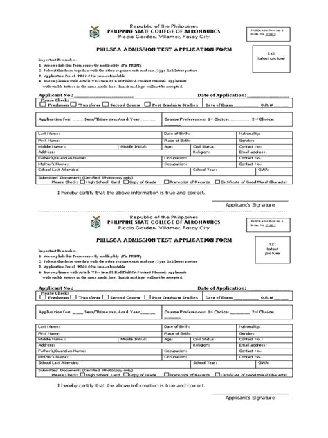 PhilSCA Admission Test Application Form .